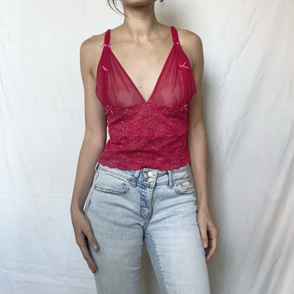 2000s Victoria's Secret Red Lace Mesh Bow Top Y2K Coquette Feminine Sexy RARE